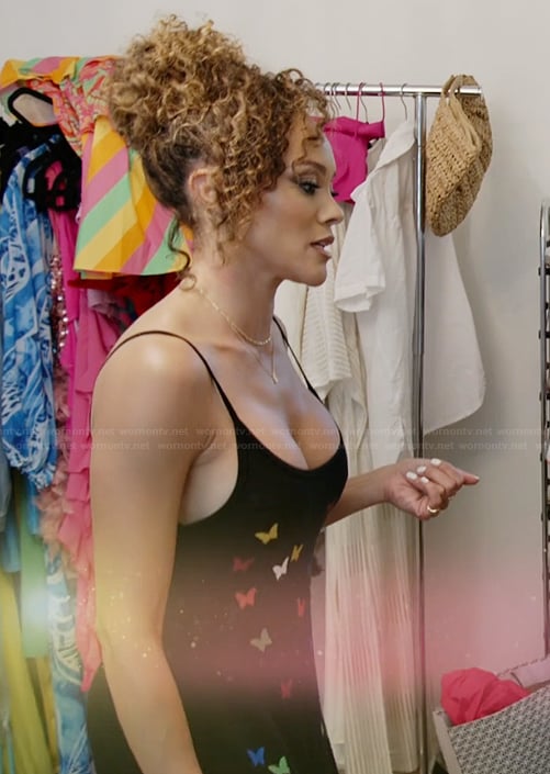 Ashley’s black butterfly print dress on The Real Housewives of Potomac
