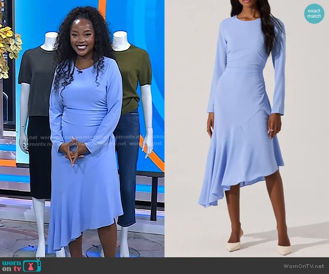 ASTR the Label Long Sleeve Asymmetric Hem Midi Dress in Blue worn by Makho Ndlovu on Today