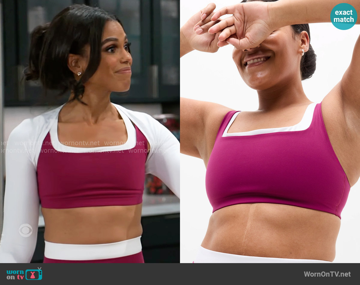 Athleta Double Up Sports Bra in Wildberry worn by Dani Dupree (Karla Mosley) on Beyond the Gates