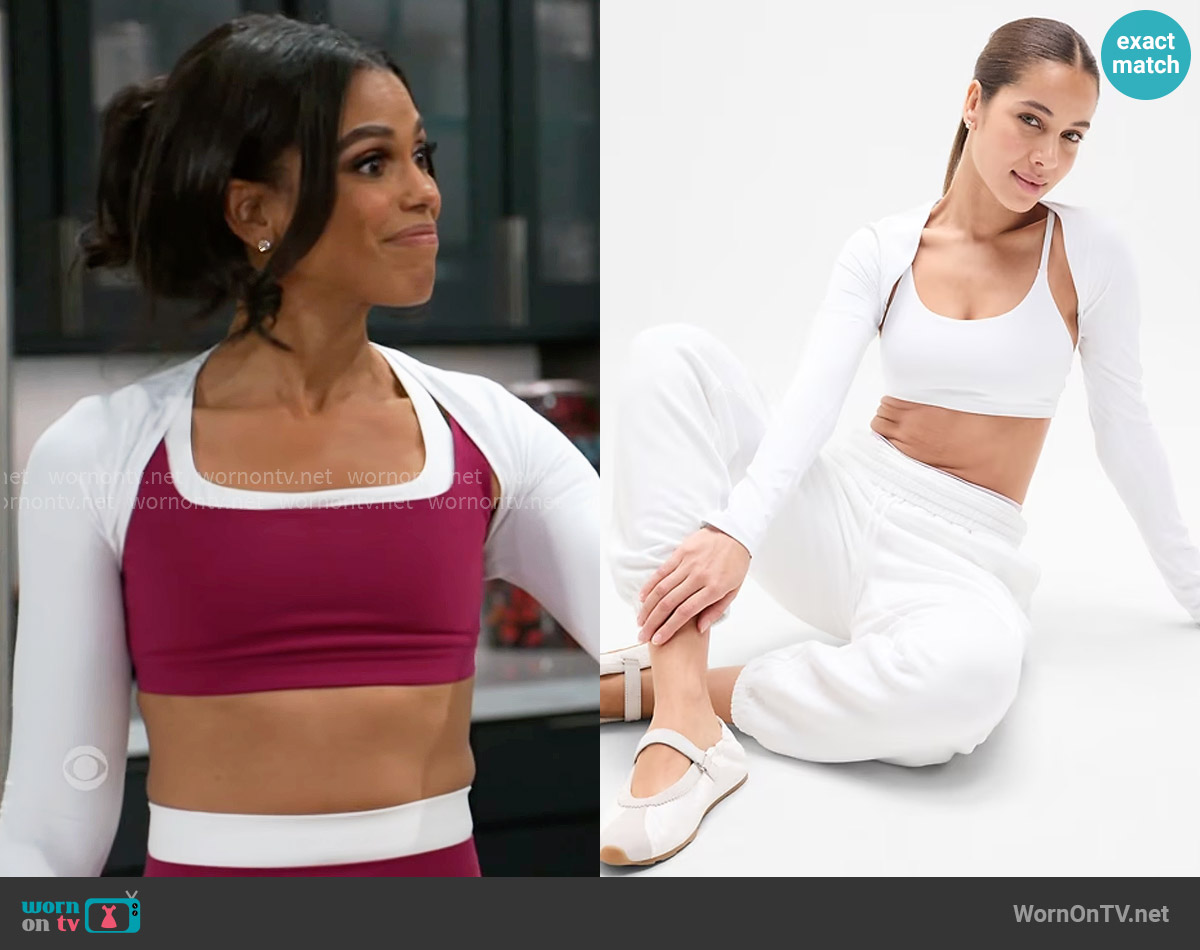 Athleta Transcend Shrug in White worn by Dani Dupree (Karla Mosley) on Beyond the Gates
