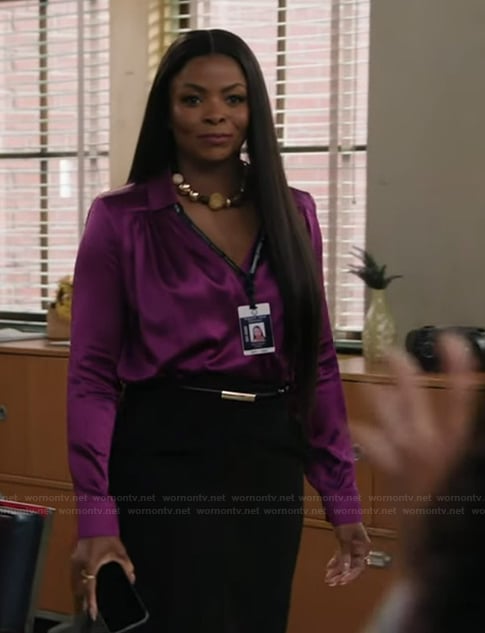 Ava’s pink satin wrap top on Abbott Elementary