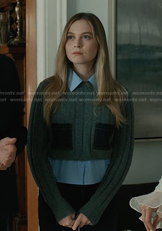Avery’s grey mixed media sweater on Elsbeth
