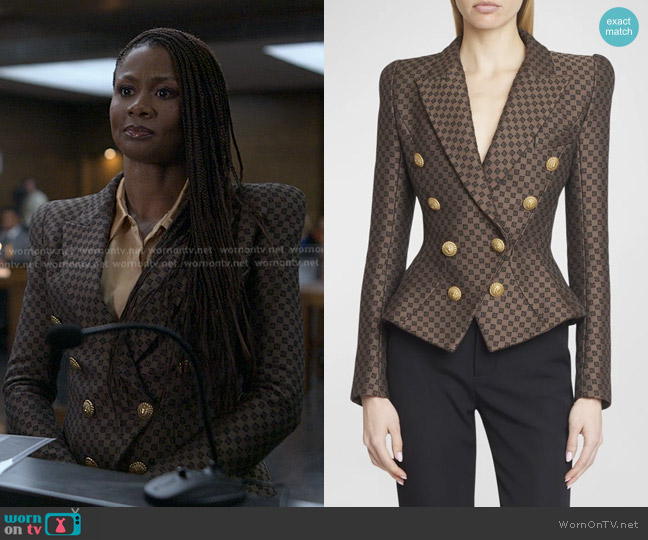 Balmain 8-Button Monogram Jacquard Blazer Jacket in Marron/marron Foncè worn by Jax Stewart (Emayatzy Corinealdi) on Reasonable Doubt