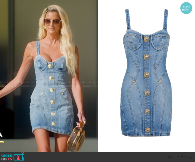 Balmain Button-embellished denim minidress worn by Emma Hernan on Selling Sunset