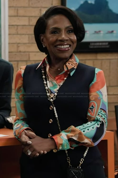 Barbara’s printed blouse and vest on Abbott Elementary