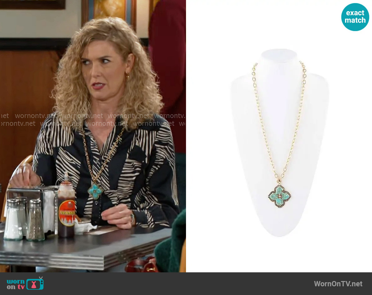 Barse Maltese Cross Golden Chain Pendant Necklace in Turquoise worn by Jan Morgan (Jerri Tubbs) on Beyond the Gates