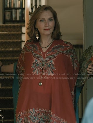 Beryl’s red print caftan dress on Elsbeth