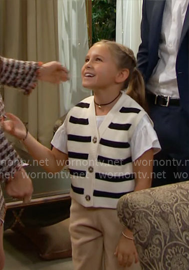 Beth’s white ruffled t-shirt and striped sweater vest on The Bold and the Beautiful