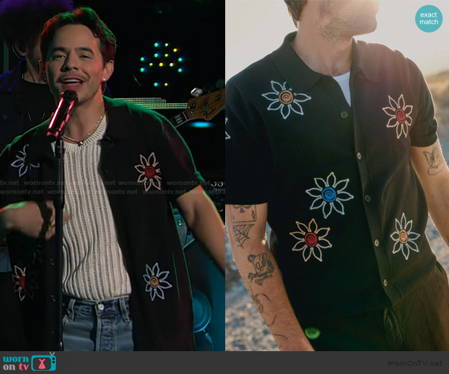 Black Embroidered Knitted Cotton Polo Wax London worn by David Archuleta on The Kelly Clarkson Show