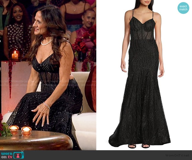 Blondie Nites Glitter Print V-Neck Double Spaghetti Strap Corset Tie Back Dress worn by Cheryl Steele on The Golden Bachelor