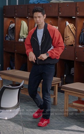 Blue’s red track jacket and sneakers on Greys Anatomy