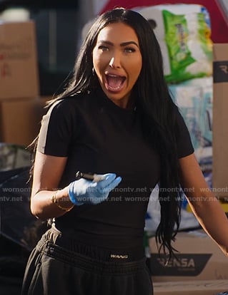 Bre’s black short sleeve top and sweat pants on Selling Sunset