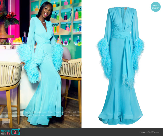 Bronx and Banco Geisha Plunge Feather-Cuff Gown in Teal worn by Kiki Barth (Kiki Barth) on The Real Housewives of Miami