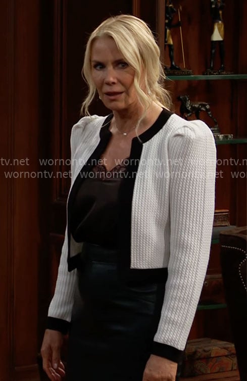 Brooke’s white cardigan with black trims on The Bold and the Beautiful