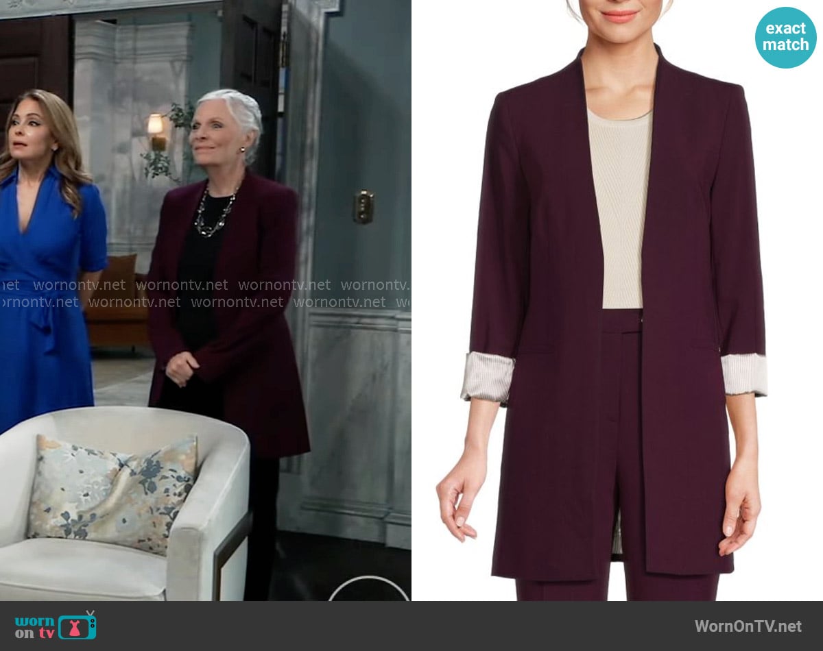 Calvin Klein ?Open-Front Longline Blazer in Aubergine worn by Tracy Quartermaine (Jane Elliot) on General Hospital