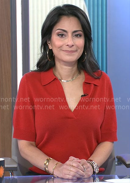 Celine Gounder’s red polo sweater on CBS Mornings