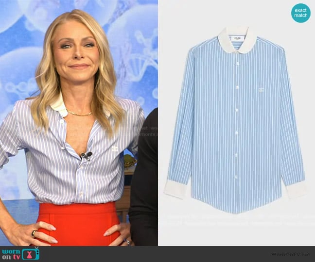 Celine Romy Shirt in Striped Silk worn by Kelly Ripa on Live with Kelly and Mark