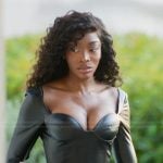 Chelsea’s black leather sweetheart dress on Selling Sunset