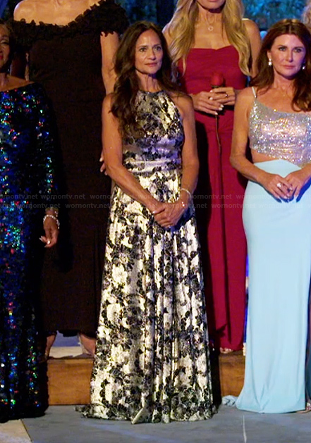 Cheryl’s floral metallic halter dress on The Golden Bachelor