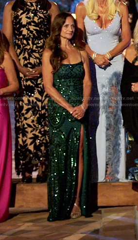 Cheryl’s green beaded slit dress on The Golden Bachelor
