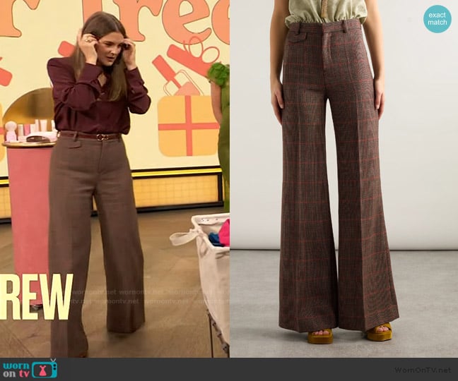 Chloe Checked high-rise wool flared pants worn by Drew Barrymore on The Drew Barrymore Show
