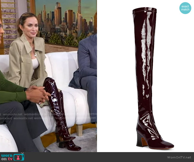 Chloe Janis Tall Shaft Patent Leather Boots in Obscure Red worn by Emily Blunt on Good Morning America