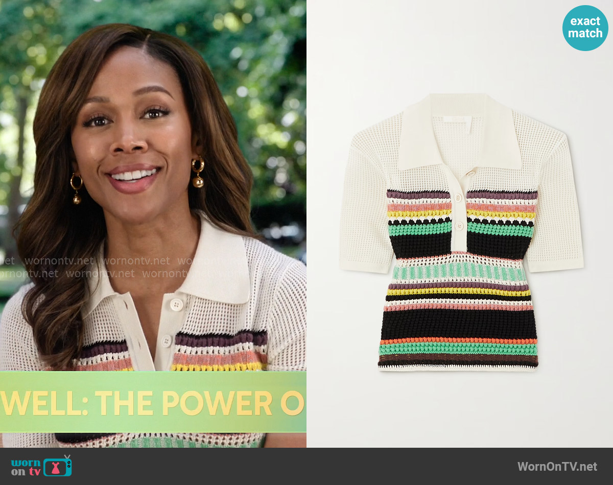 Chloe Striped crochet-paneled wool polo shirt worn by Christina Hunter (Nicole Beharie) on The Morning Show