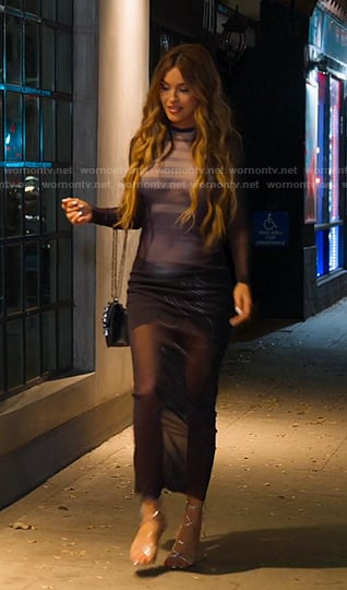 Chrishell’s navy mesh long dress on Selling Sunset
