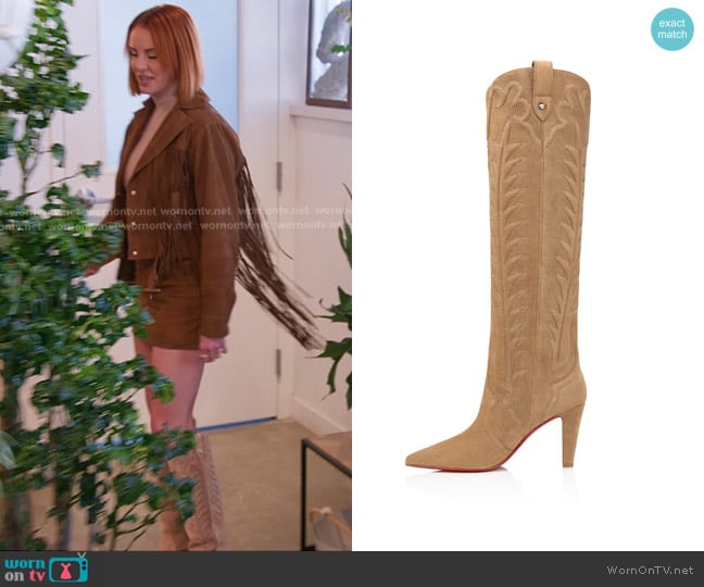 Christian Louboutin Santia Suede Knee-High Red Sole Western Boots in Beige worn by Whitney Rose on The Real Housewives of Salt Lake City