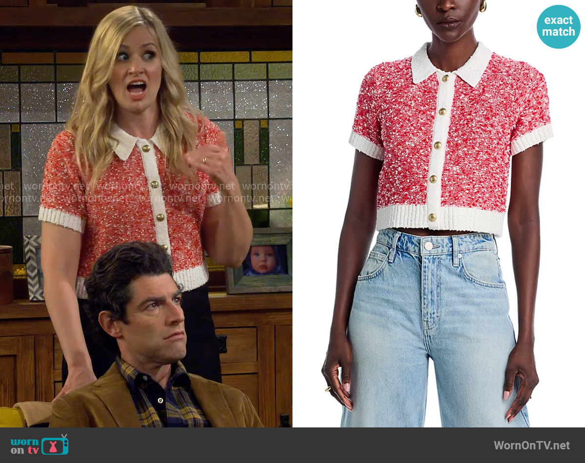 Cinq a Sept Adalee Cropped Cardigan in Red / Ivory worn by Gemma (Beth Behrs) on The Neighborhood