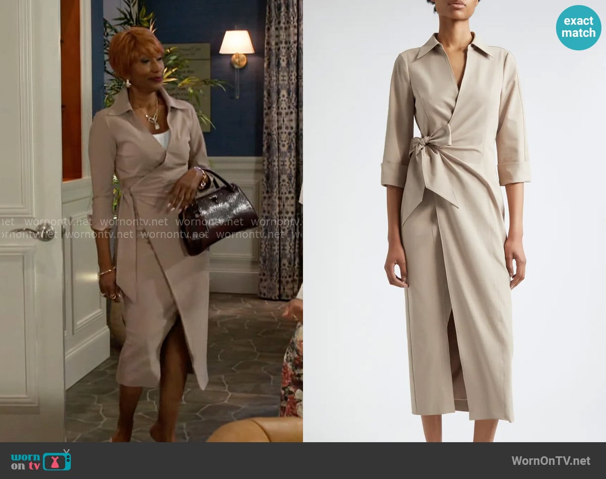 Cinq a Sept Cayleigh Wrap Midi Dress worn by Dana 'Leslie' Thomas (Trisha Mann-Grant) on Beyond the Gates