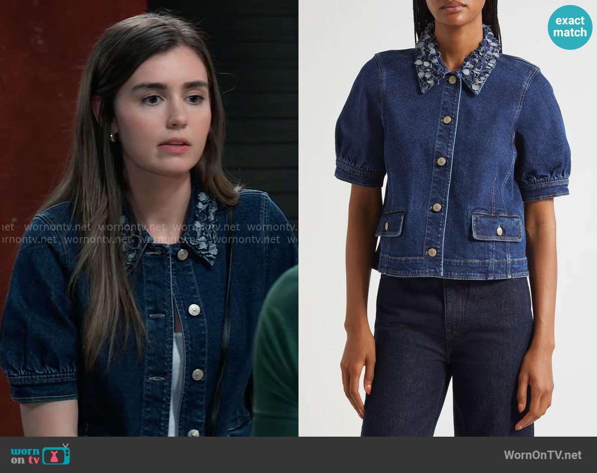 Cinq a Sept Ethel Petal Collar Short Sleeve Denim Jacket worn by Emma Scorpio-Drake (Braedyn Bruner) on General Hospital