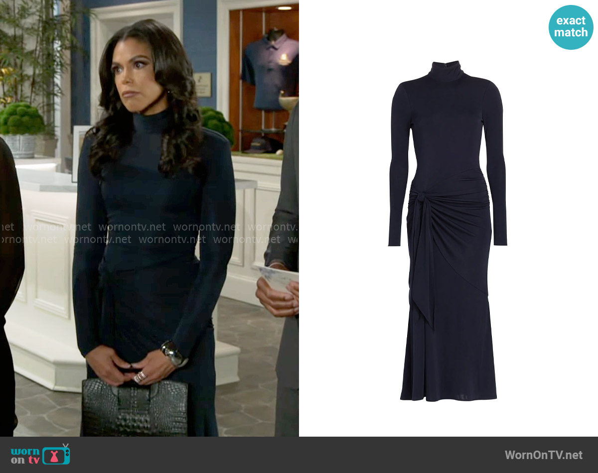 Cinq a Sept Johnson Midi Dress in Navy worn by Dani Dupree (Karla Mosley) on Beyond the Gates
