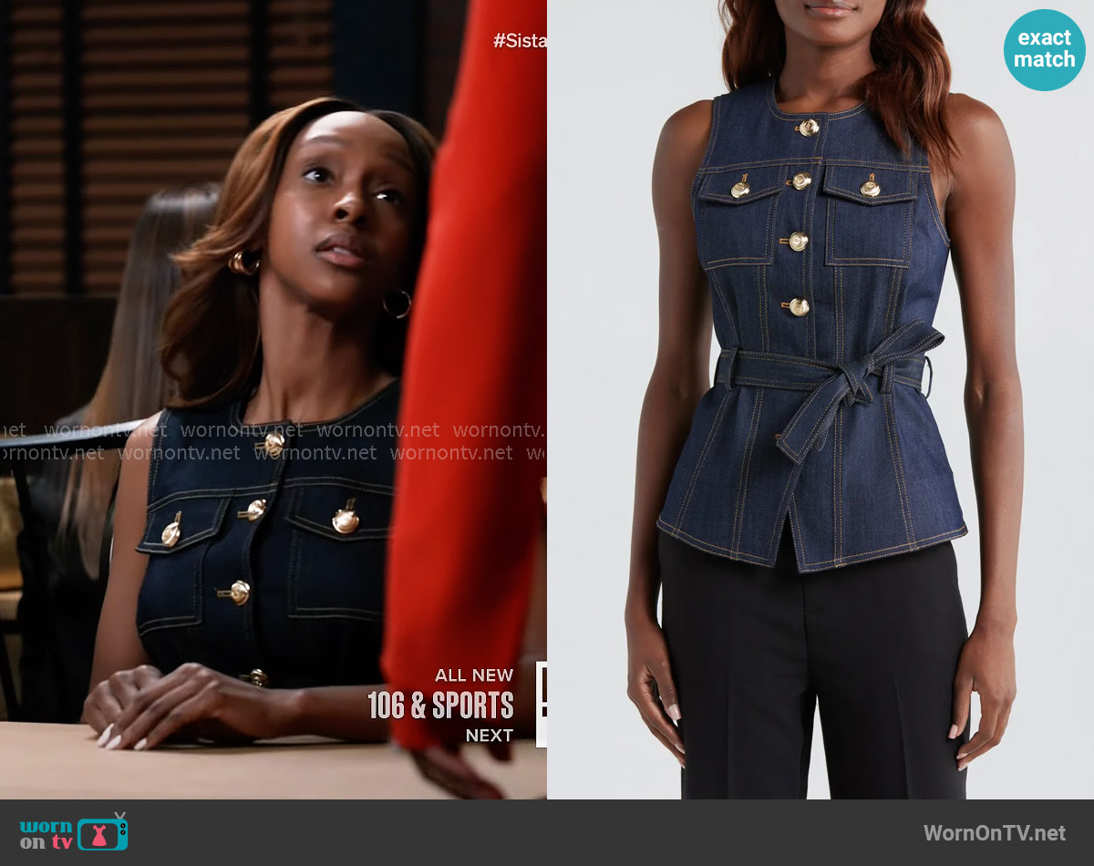 Cinq a Sept Renee Denim Vest worn by Karen Mott (Ebony Obsidian) on Tyler Perrys Sistas