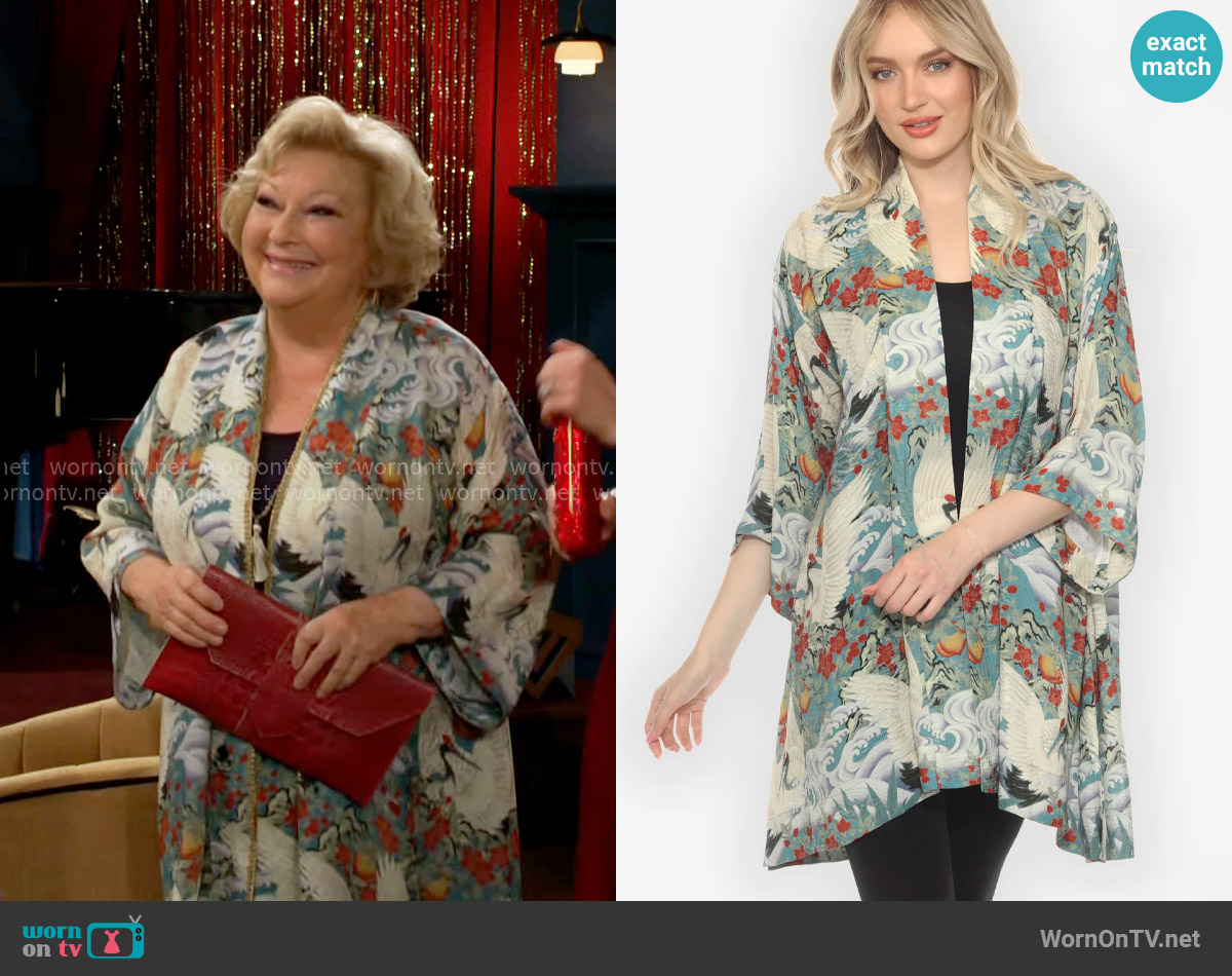 Citron Crane in Jungle Silk Kimono Jacket worn by Traci Abbott (Beth Maitland) on The Young and the Restless