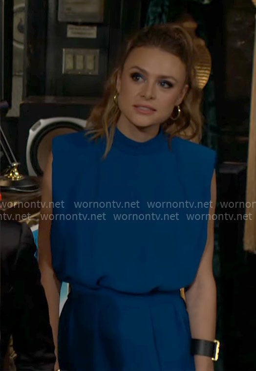 Claire’s blue padded shoulder dress on The Young and the Restless