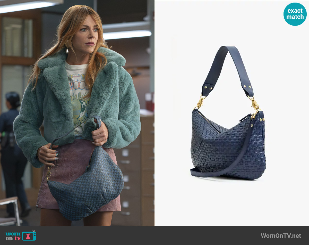 Clare V Moyen Messenger in Bleu Marine Woven Checker worn by Morgan Gillory (Kaitlin Olson) on High Potential