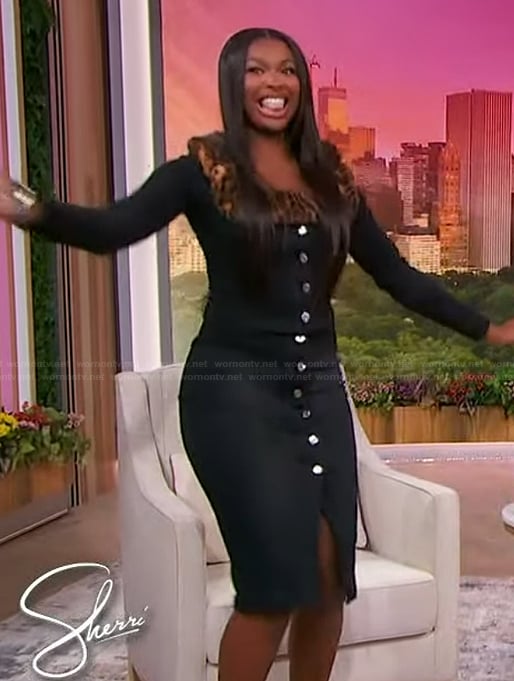 Coco Jones’s black faux fur denim jacket on Sherri