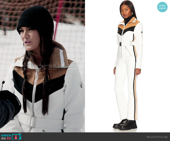 Cordova Avorias 1800 Ski Suit in Cloud, Caramel, & Onyx worn by Lisa Barlow on The Real Housewives of Salt Lake City