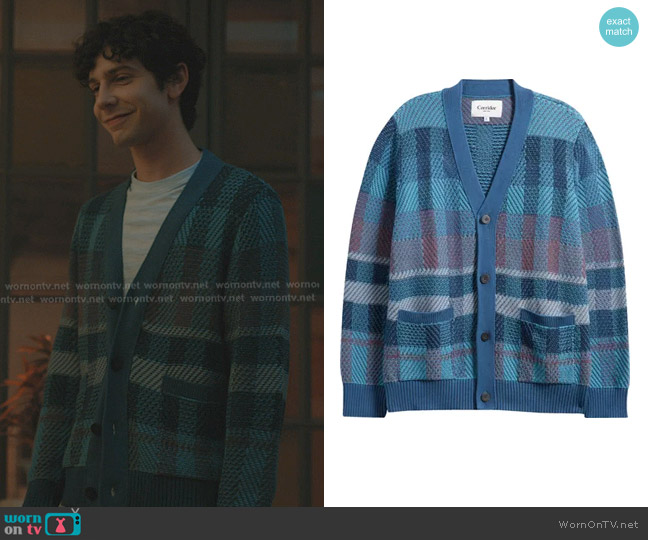 Corridor Blow Up Plaid Cardigan in Blue worn by Teddy Tascioni (Ben Levi Ross) on Elsbeth