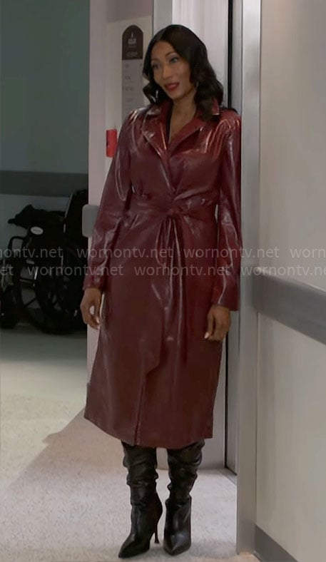 Leslie’s red snake leather trench coat on Beyond the Gates