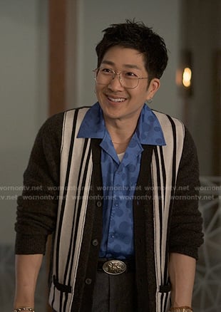 Daniel’s blue polka dot shirt and black striped cardigan on Reasonable Doubt