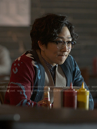 Danie’s red and blue print cardigan on Reasonable Doubt