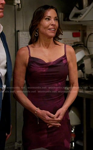 Debbie’s purple floral cowl neck dress on The Golden Bachelor