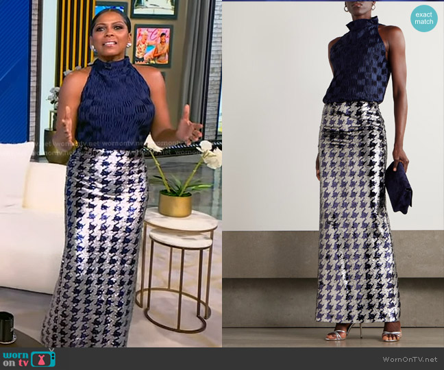 Dima Ayad Plissé-satin Halterneck Top in Navy worn by Tamron Hall on Tamron Hall Show