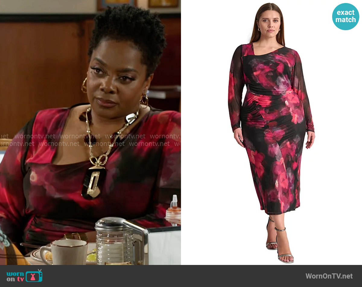 DKNY Side-Ruche Printed Mesh Dress worn by Mona Wilson (Karan Kendrick) on Beyond the Gates