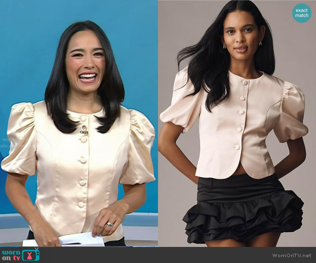Dolan Left Coast Puff-Sleeve Crop Jacket in Champagne worn by Emilie Ikeda on Today
