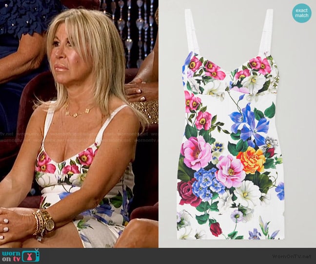 Dolce and Gabbana Floral-print woven mini dress worn by Amy Kaplan on The Golden Bachelor