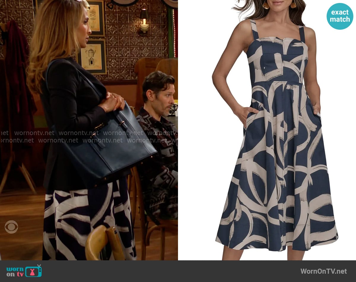 Donna Karan Abstract Print A-Line Dress in Tide / Sand worn by Lily Winters (Christel Khalil) on The Young and the Restless