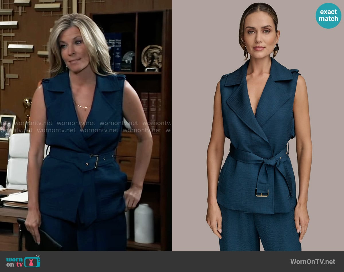 Donna Karan Belted Crinkled Vest in Tide Navy worn by Carly Spencer (Laura Wright) on General Hospital